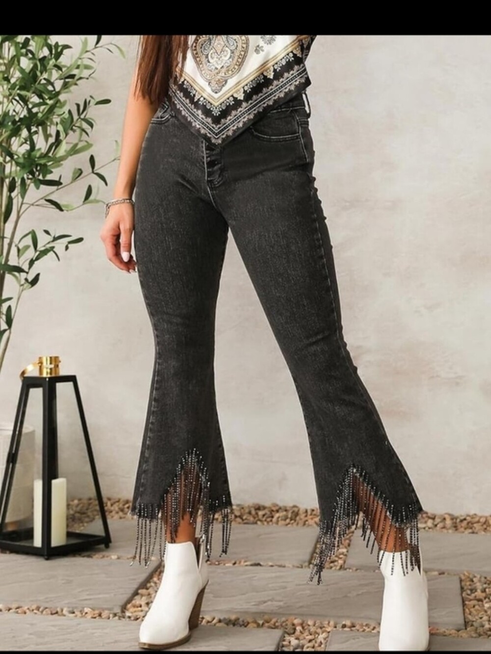 Blue B Black Flare Jeans with Beaded Fringe. NWOT Size XS